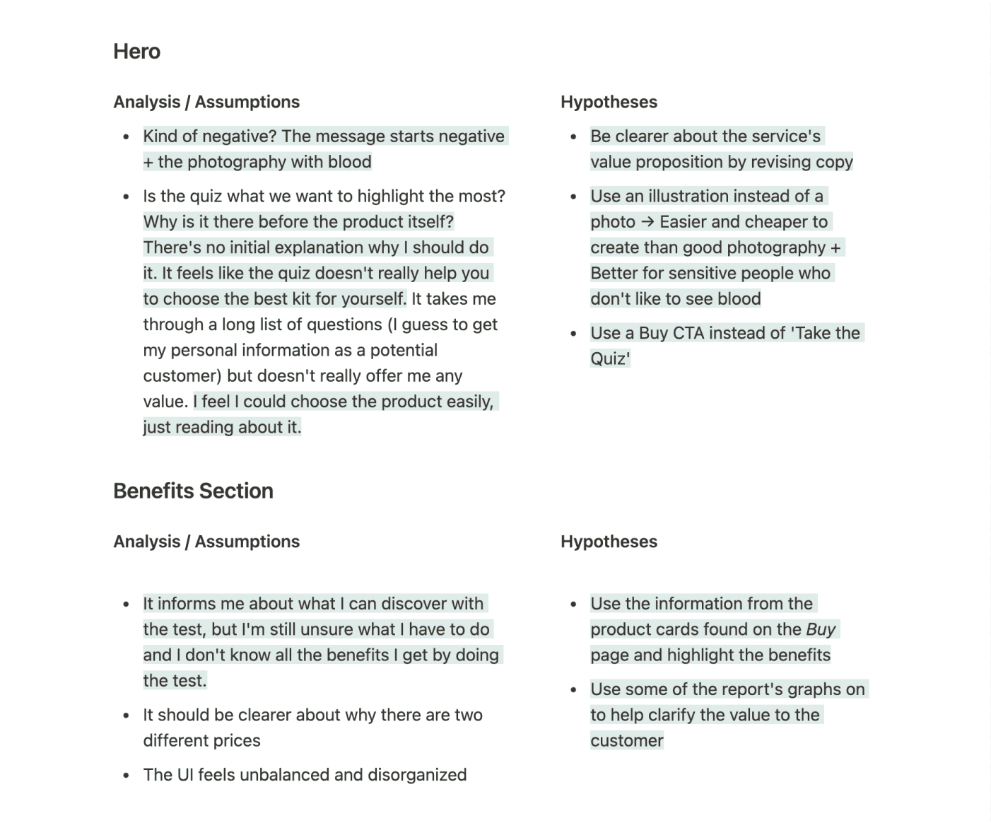 A list of assumptions and hypothesis on the website hero banner and benefits section.