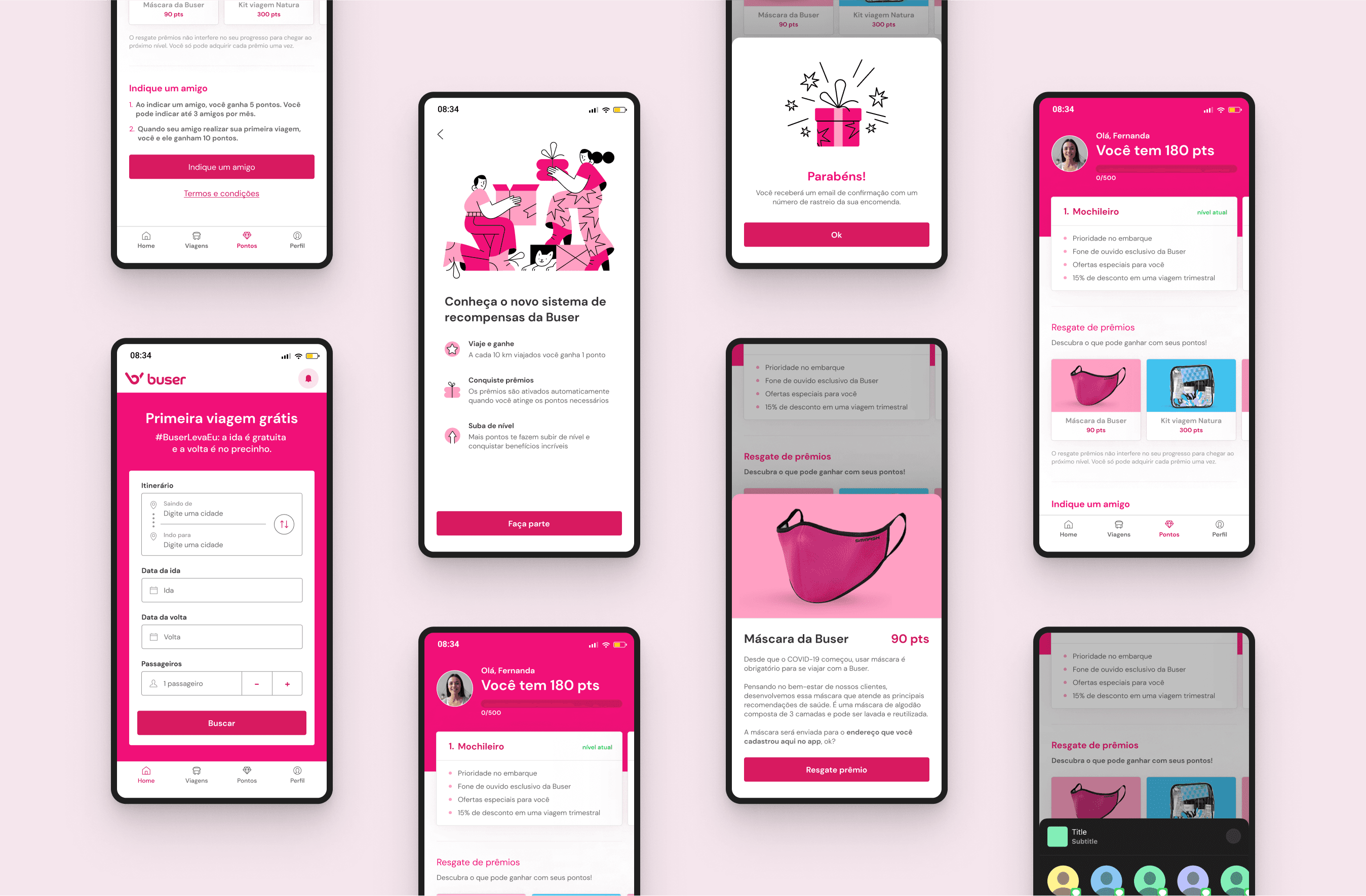 A tiled view of 8 mobile screens, each depicting a different page in the app