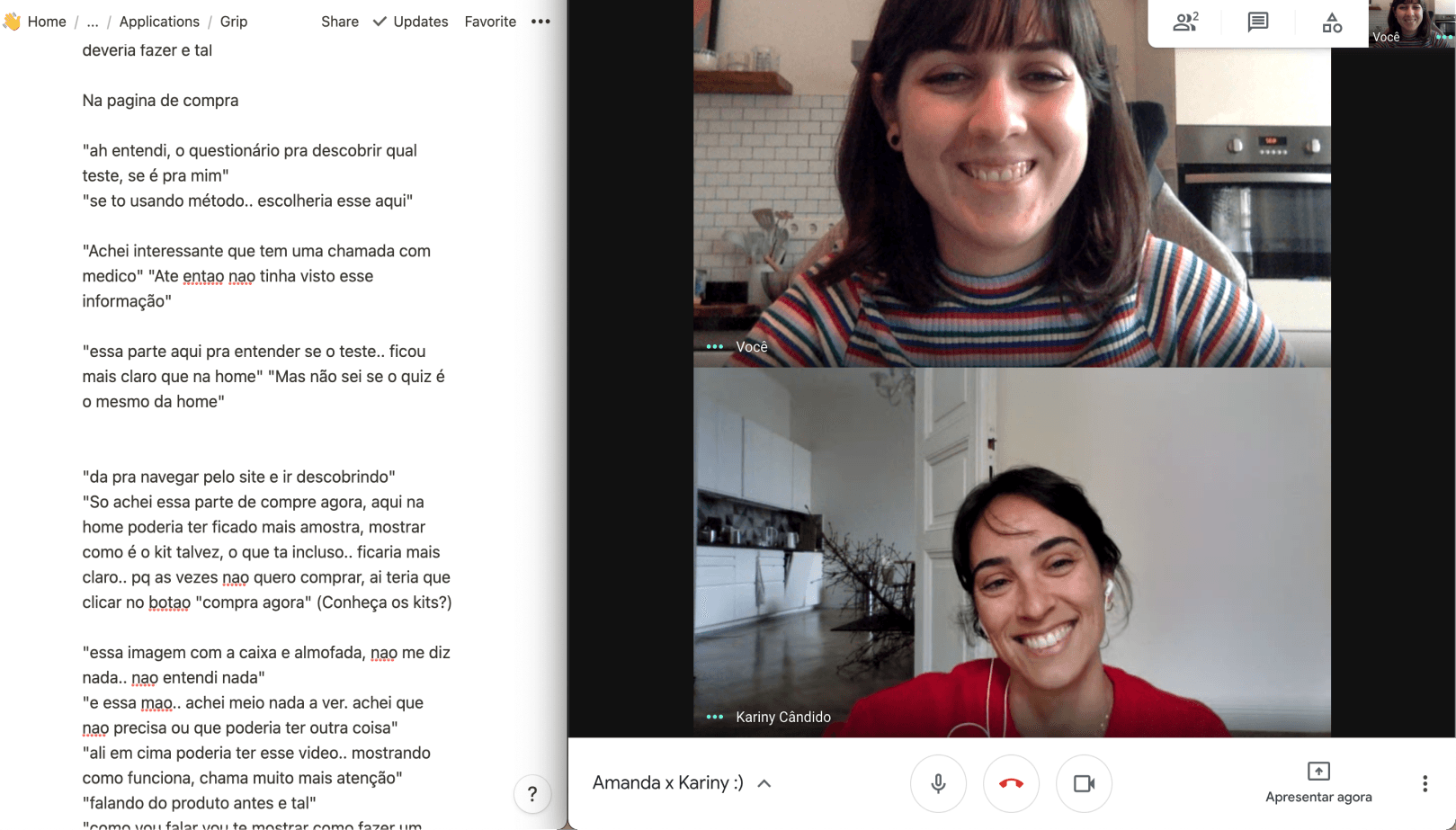 A screen capture of a google meet call between two women, as well as notes taken in the meeting.