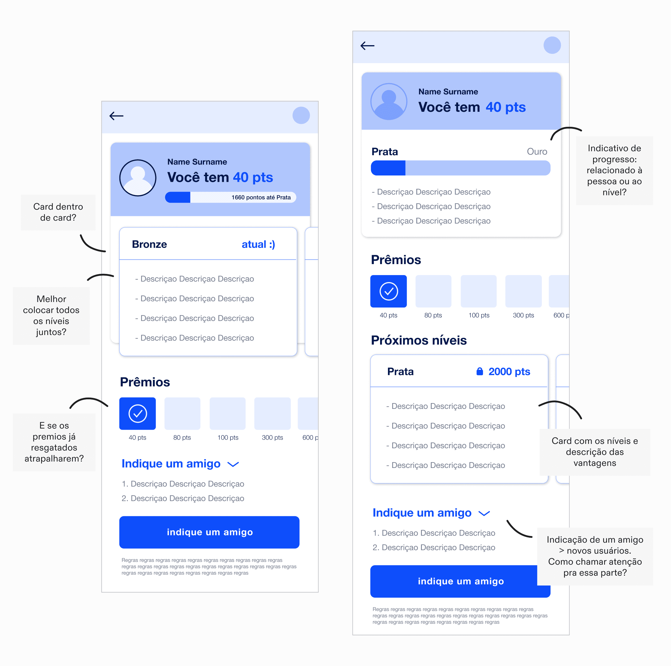 Two wireframes of the mobile application with notes for different components and how they should behave.